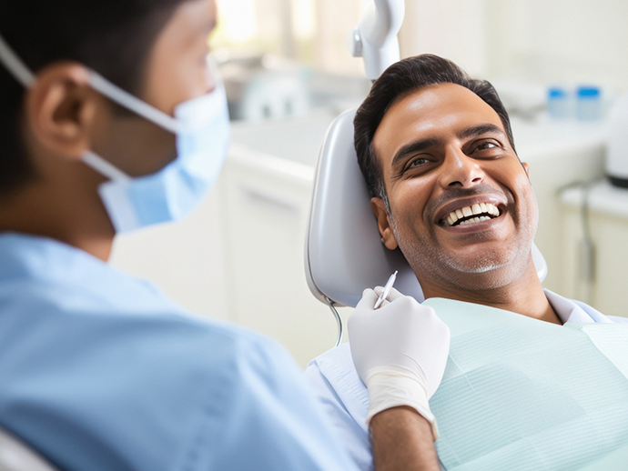 Man in the dental chair smiling at his dentist