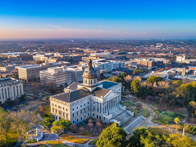 Aerial view of a large university building