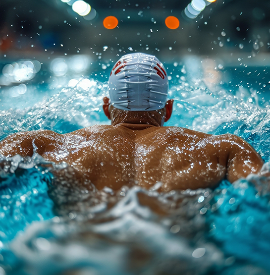 Man wearing a swim cap while swimming in a pool