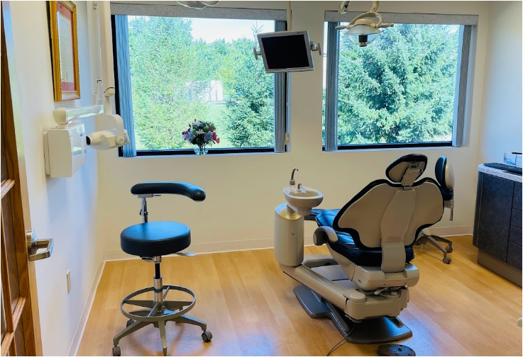 Dental treatment room with green trees visible through the windows